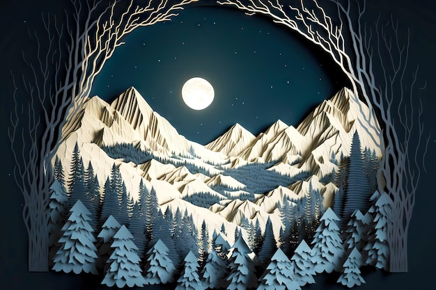 Moonlit night scene with christmas trees in mountains paper winter landscape