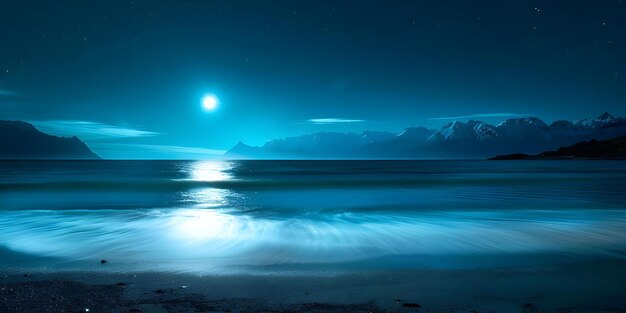 Photo moonlit ocean waves and snowcapped mountains a picturesque night sky concept night photography ocean views mountain landscapes moonlit scenes starry skies