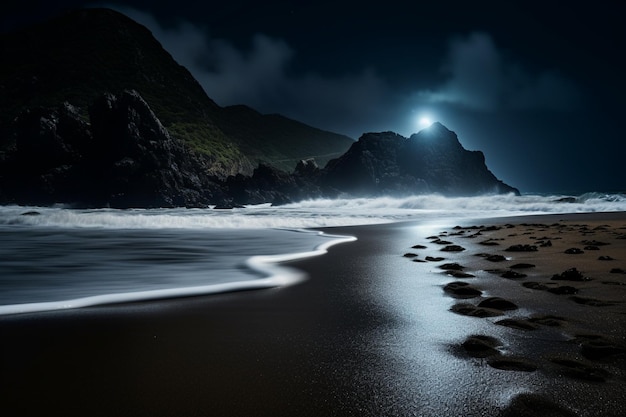 Moonlit ocean with glowing waves