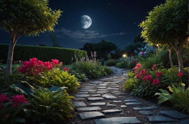 Moonlit path leading through a garden