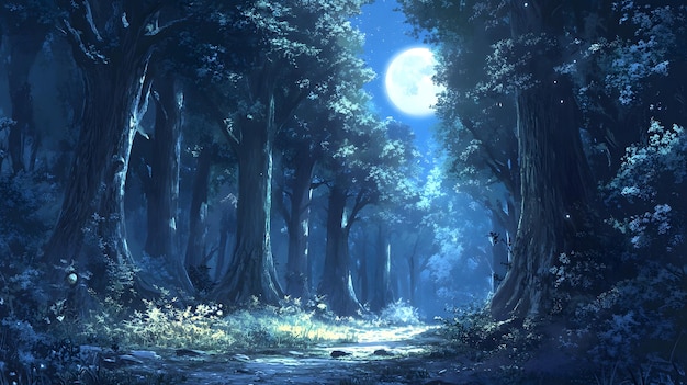 Photo moonlit path through a dense forest