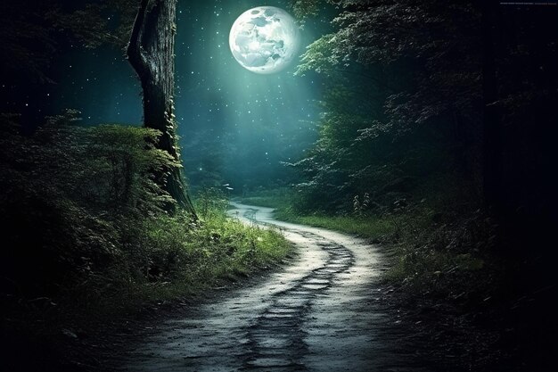 Moonlit pathway leading through a forest or woodland