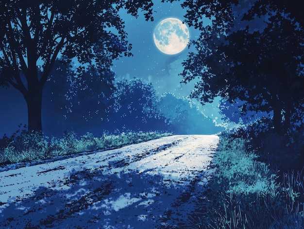 Photo moonlit road through the enchanting forest landscape