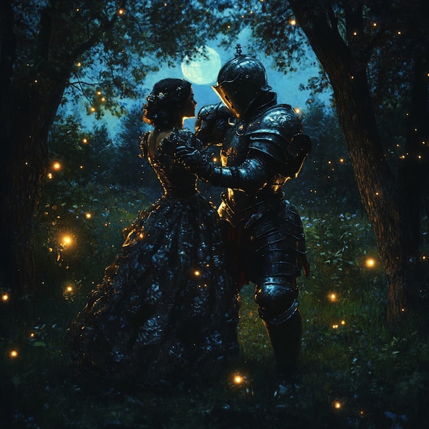 Photo moonlit romance a knight and damsel dance in a forest of fireflies