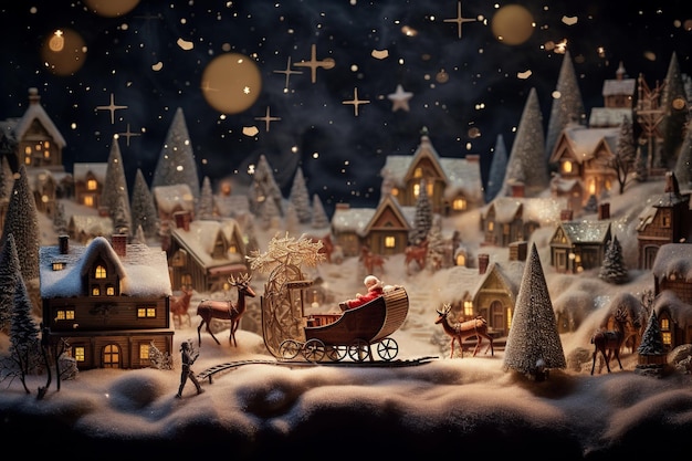 Moonlit Santa's Journey Snowy Village Warm Wooden Houses and Sleigh with Gifts