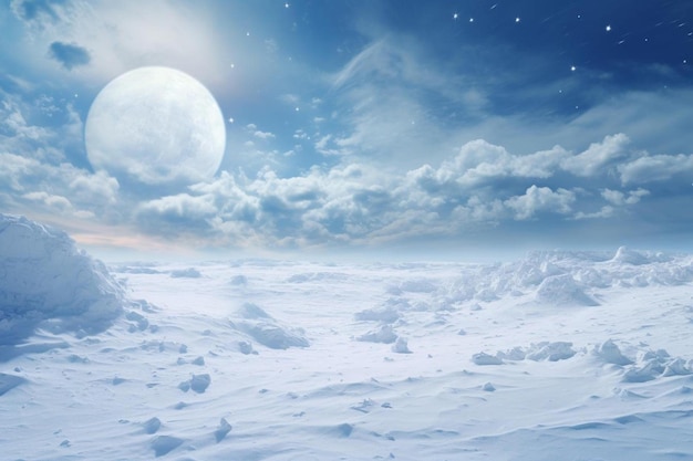 a moonlit scene in the winter with a full moon in the sky.