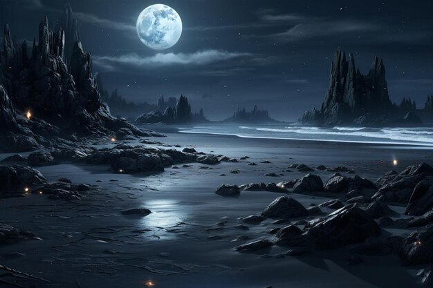 Moonlit sea stacks along the coastline