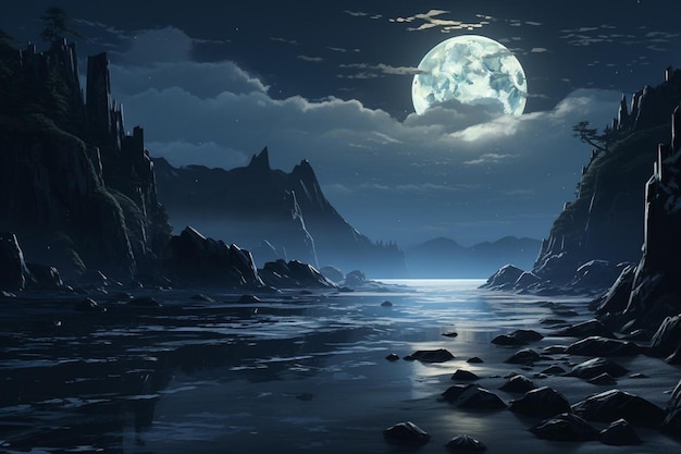 Moonlit sea stacks along the coastline