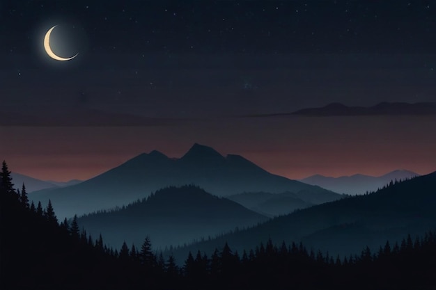 Moonlit silhouette of a mountain ridge