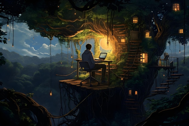 Moonlit Workstation Man Using Laptop in Jungle Treehouse