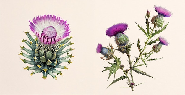 Moor's cotton thistle, reticulate thistle (Onopordum nervosum). Botanical illustration.