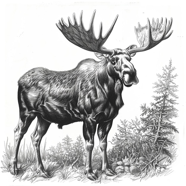 Photo moose bull isolated pencil drawing on white paper artwork