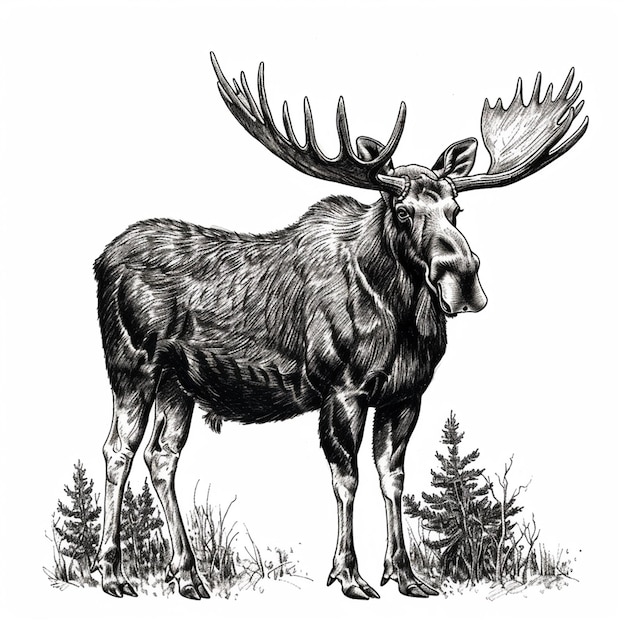 Moose Bull isolated pencil drawing on white paper artwork