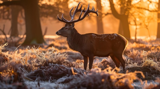 Moose in the forest at sunset