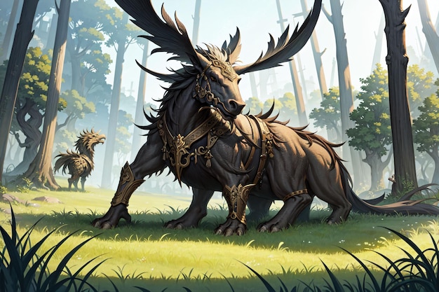 A moose in a forest with a chicken on the ground