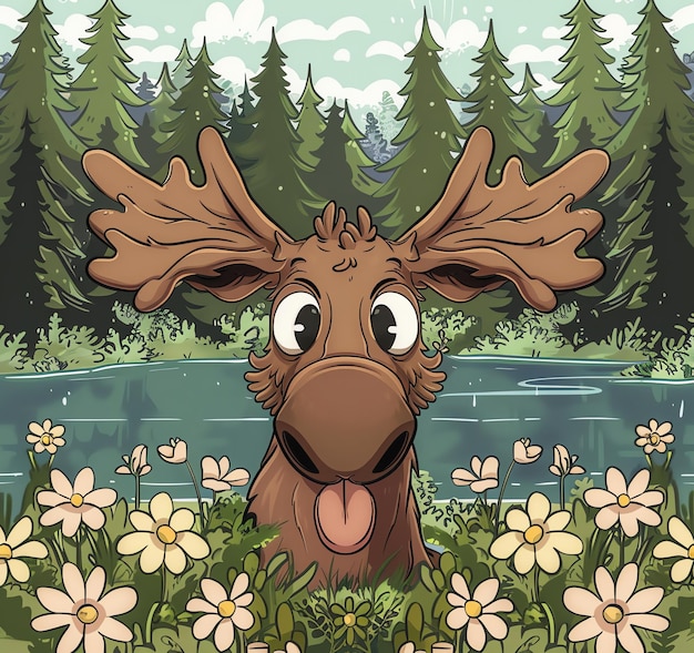 a moose head with a moose head in the grass and flowers