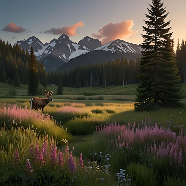 a moose is in a field with mountains in the background