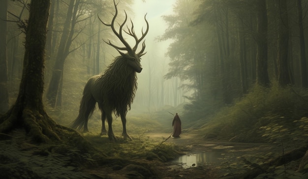 a moose is standing in the woods with a deer in the background