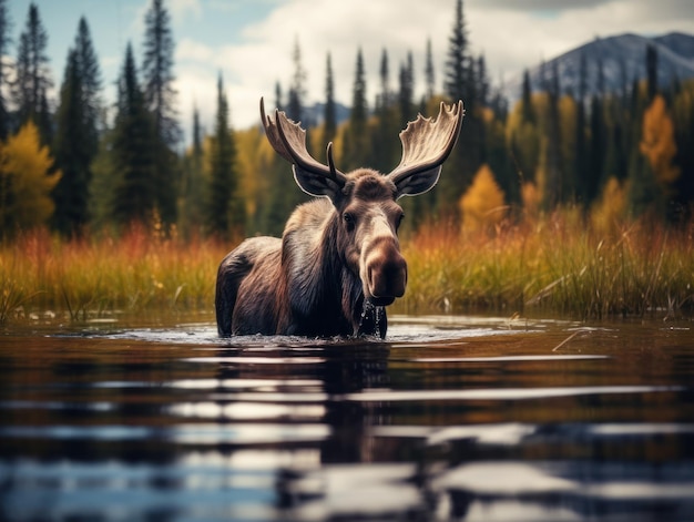 Photo moose in its natural habitat wildlife photography generative ai