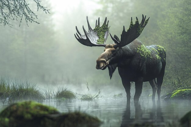 Photo a moose standing in a misty swamp its antlers draped in moss embodying solitude and natural majesty