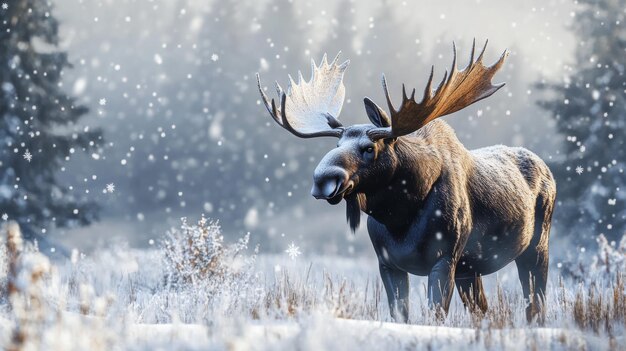 A Moose Standing in a Snowy Forest