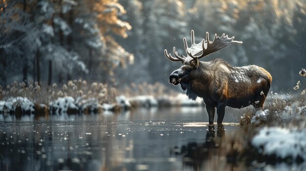 Photo moose standing in a snowy stream