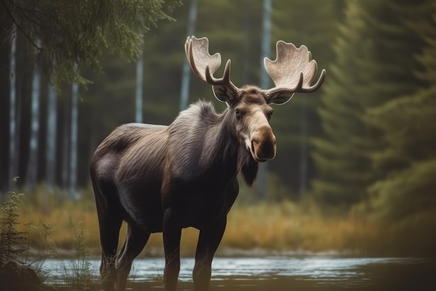 a moose standing in water