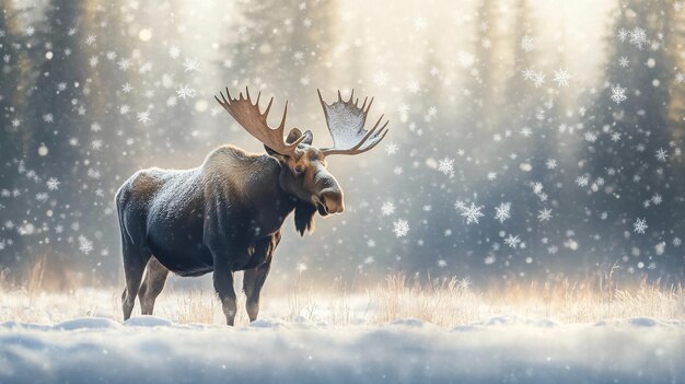 A Moose Stands in a Snowy Forest with Falling Snowflakes