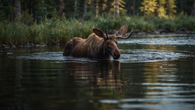 Moose Wading Through a River with Reflections