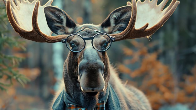 A moose wearing glasses and a bowtie looks directly at the camera