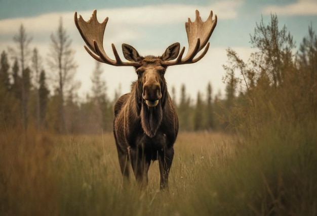 a moose with antlers in a field with trees in the background