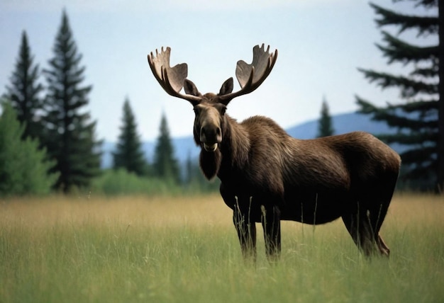 a moose with antlers on its head is looking at the camera