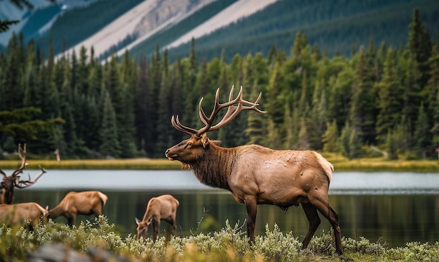 Photo a moose with antlers standing in front of a lake