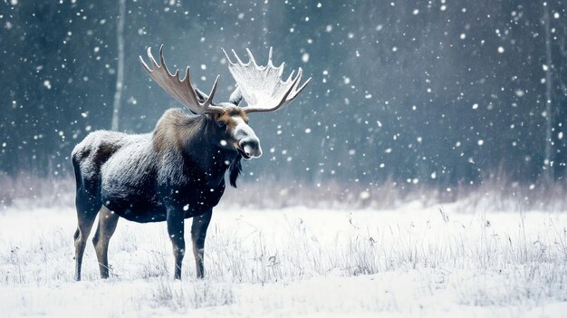 Moose with Antlers Standing in a Snowy Field