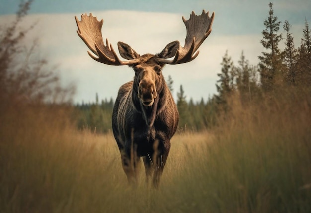 a moose with antlers stands in a field with trees in the background