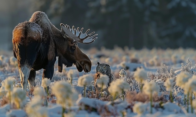 Photo a moose with a deer head and antlers in the snow