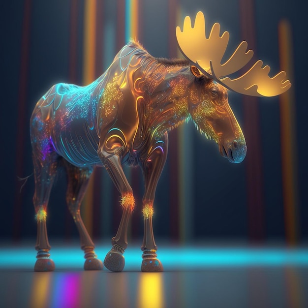 A moose with a gold head is standing in a dark room.