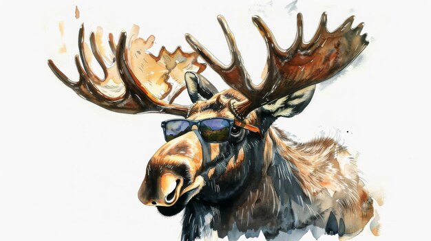 Moose with huge antlers wearing sunglasses Illustration for covers cards postcards interior design decor or prints