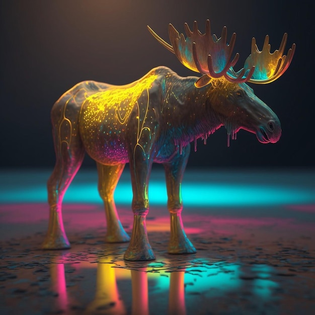 A moose with a rainbow colored coat is standing on a dark floor.