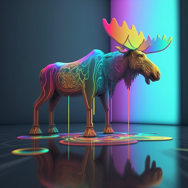 A moose with rainbow colors on its head stands in front of a neon light.