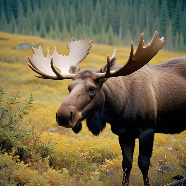 a moose with a white bird on its head is looking at the camera