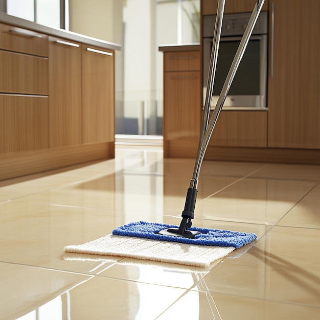 A mop being used to clean tile floors in a bright kitchen