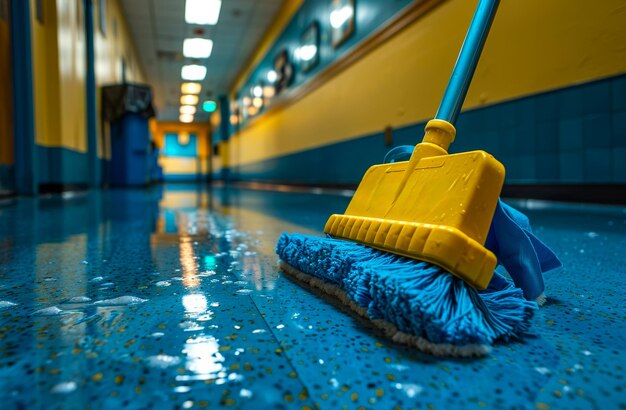 Mop and bucket in the school hallway