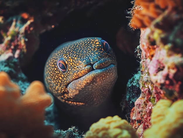 Photo moray eel in coral reef crevice