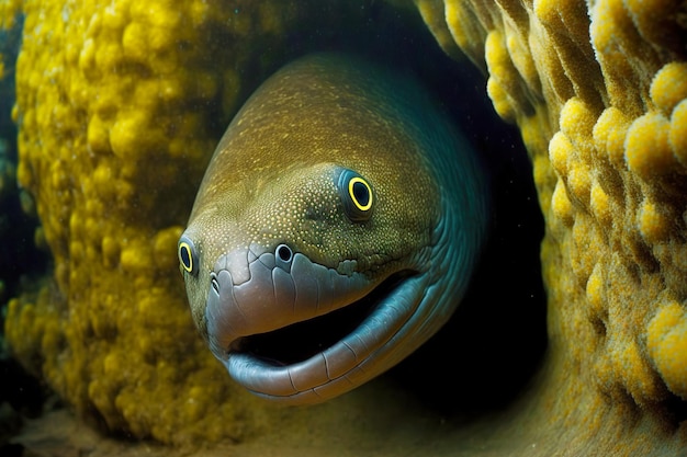 Moray eel looks out for its prey by sticking its head out of underwater mink