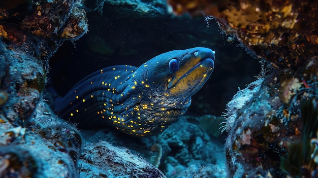 Photo a moray eel with neon yellow bioluminescent markings lurking in a rocky undersea cave