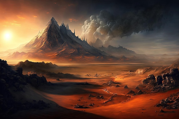 Mordor land of rolling dunes with distant view of the fiery mount doom