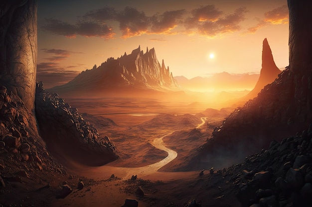 Mordor land with sunrise highlighting the rugged and mysterious landscape