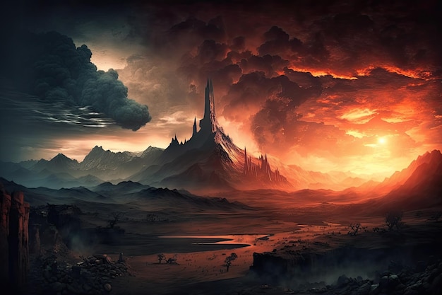 Mordor landscape with fiery sky and dark smoke columns in the background