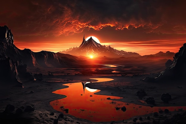 Mordor landscape with fiery sunset in the background